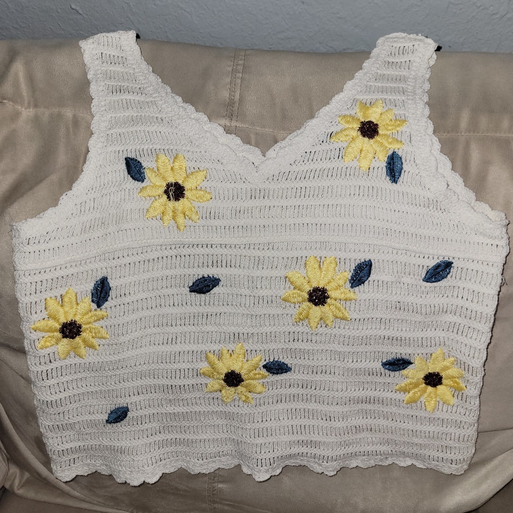 White Crochet Tank Top with Yellow Floral Design